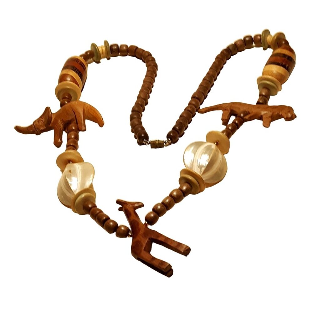 Safari Tribal Carved Lion Giraffe Elephant MOP Shell Wood Bead Necklace